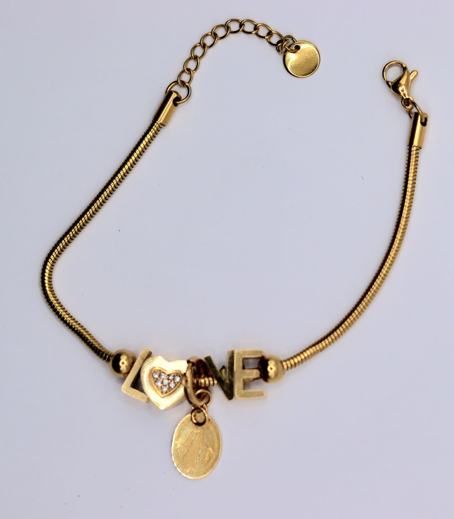 Bracelet motif "LOVE" zircons orné d'un pendentif amovible médaille Vierge Miraculeuse