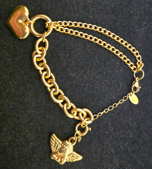 Bracelet doré 2 mailles différentes avec pampilles coeur et Ange Gardien amovible