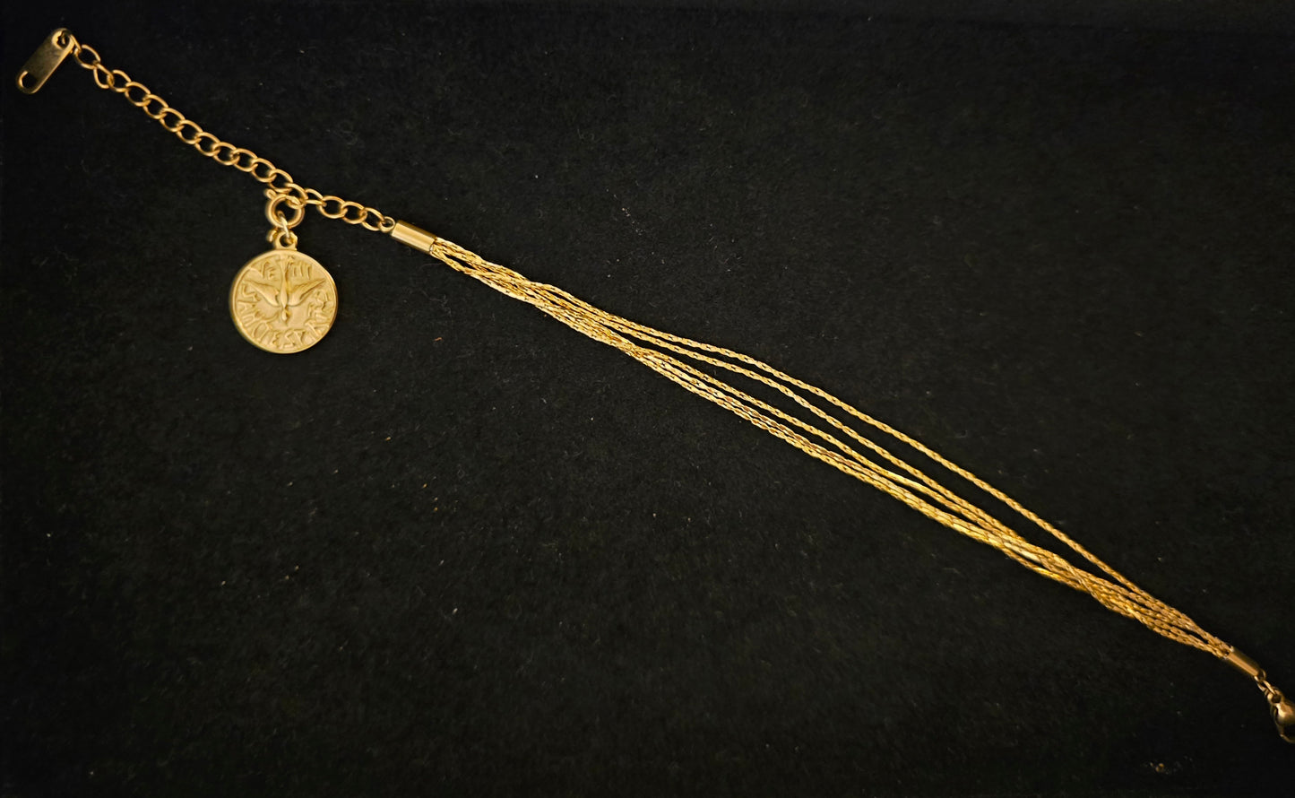 Bracelet 5 chaînes pendentif Colombe amovible avec inscription "Veni Sancte Spiritus"