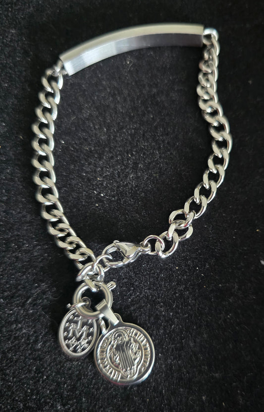 Bracelet identité avec médailles amovibles Vierge Miraculeuse et Saint-Benoît