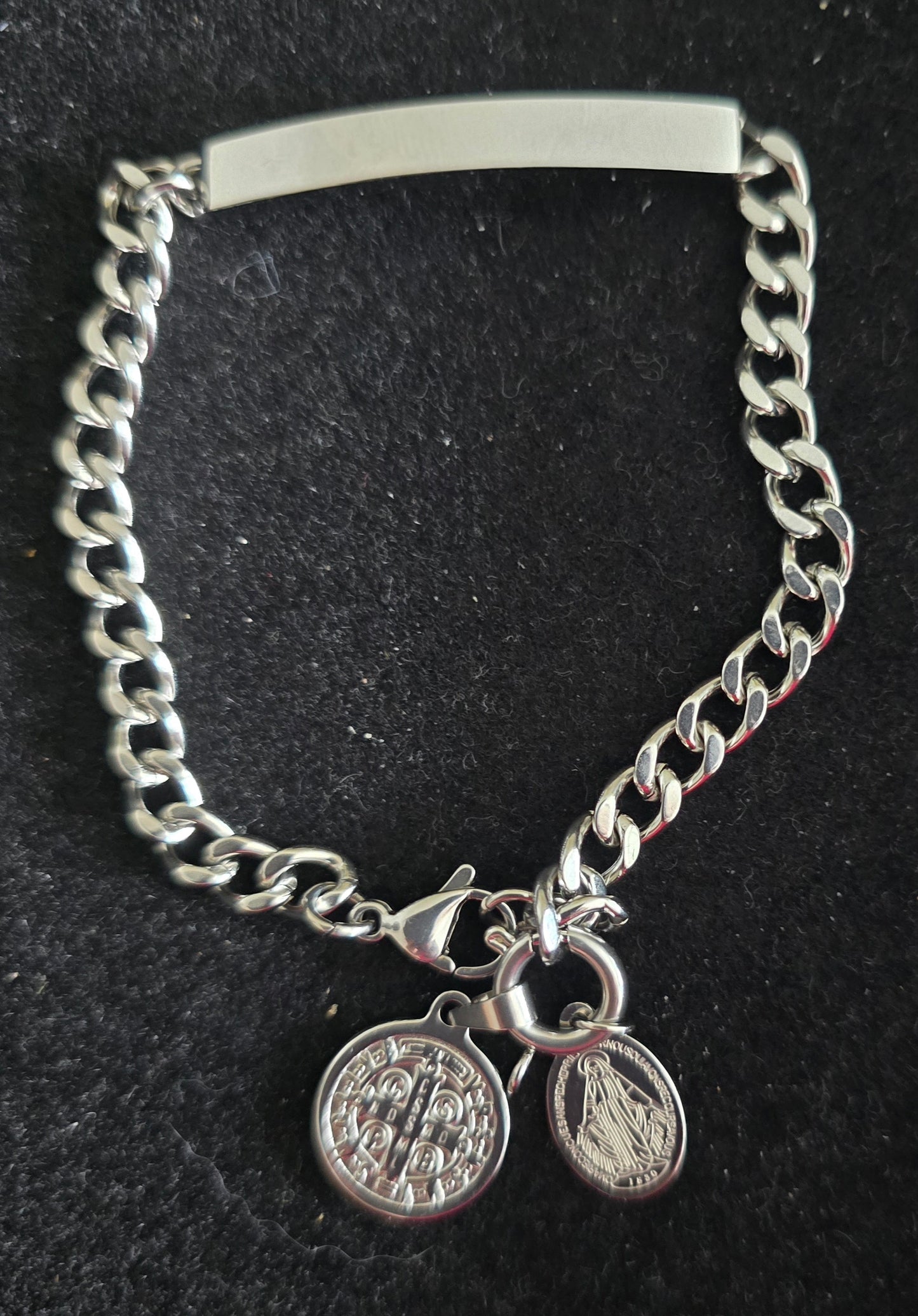 Bracelet identité avec médailles amovibles Vierge Miraculeuse et Saint-Benoît