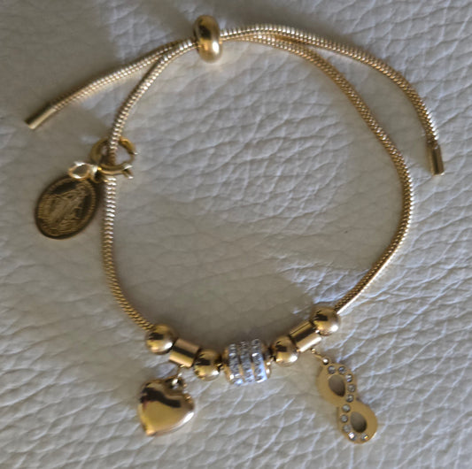 Bracelet lien coulissant motifs zircons, pampilles coeur et motif à l'infini avec médaille amovible Vierge Miraculeuse