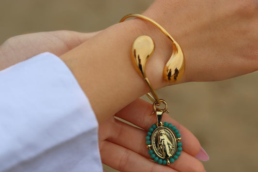 Bracelet JONC doré "TOI & MOI" ajustable pendentif amovible médaille Vierge Miraculeuse entourage perles