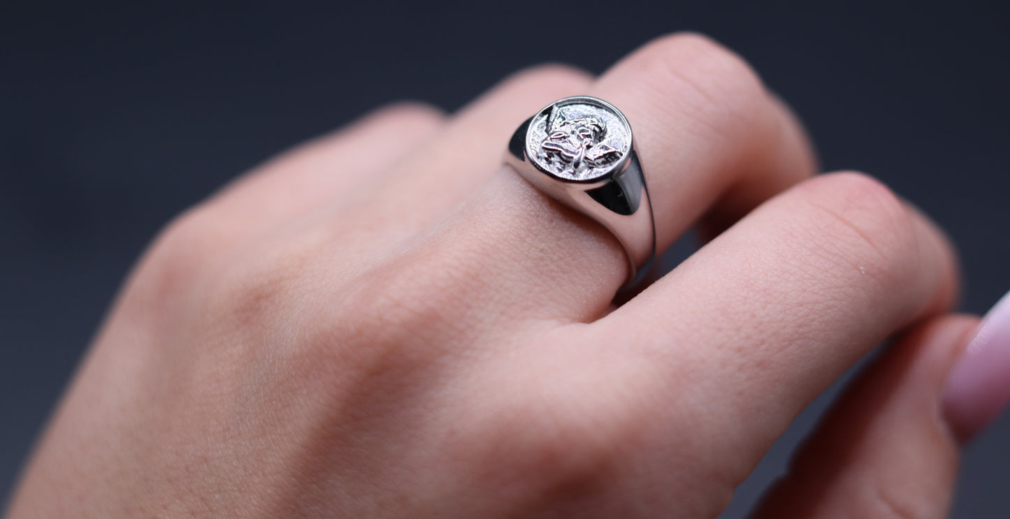 Bague chevalière Ange Gardien dorée ou argentée