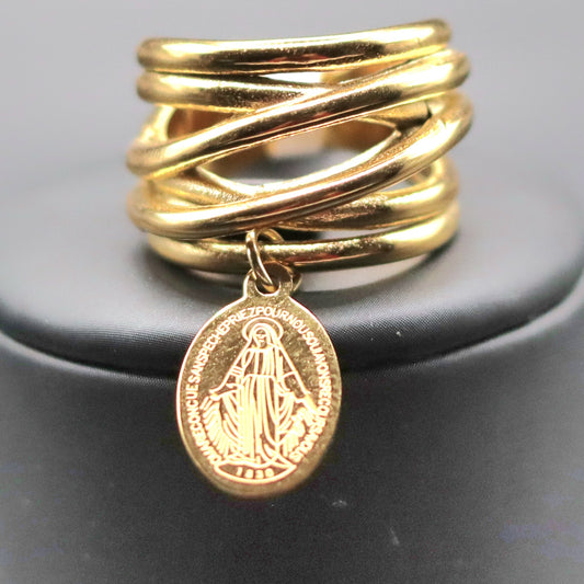 Bague entrelacée dorée ou argentée avec médaille Vierge Miraculeuse