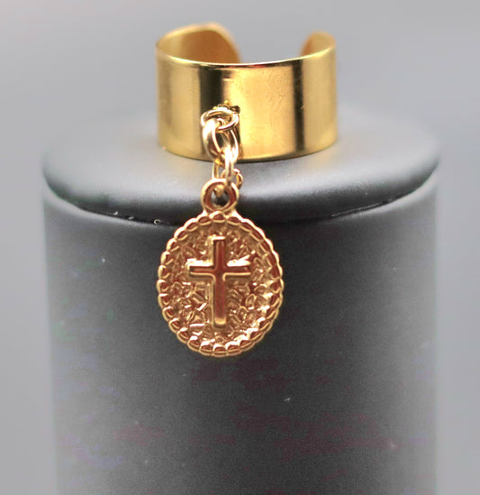 Bague dorée ou argentée ouverte ajustable avec médaille Croix amovible