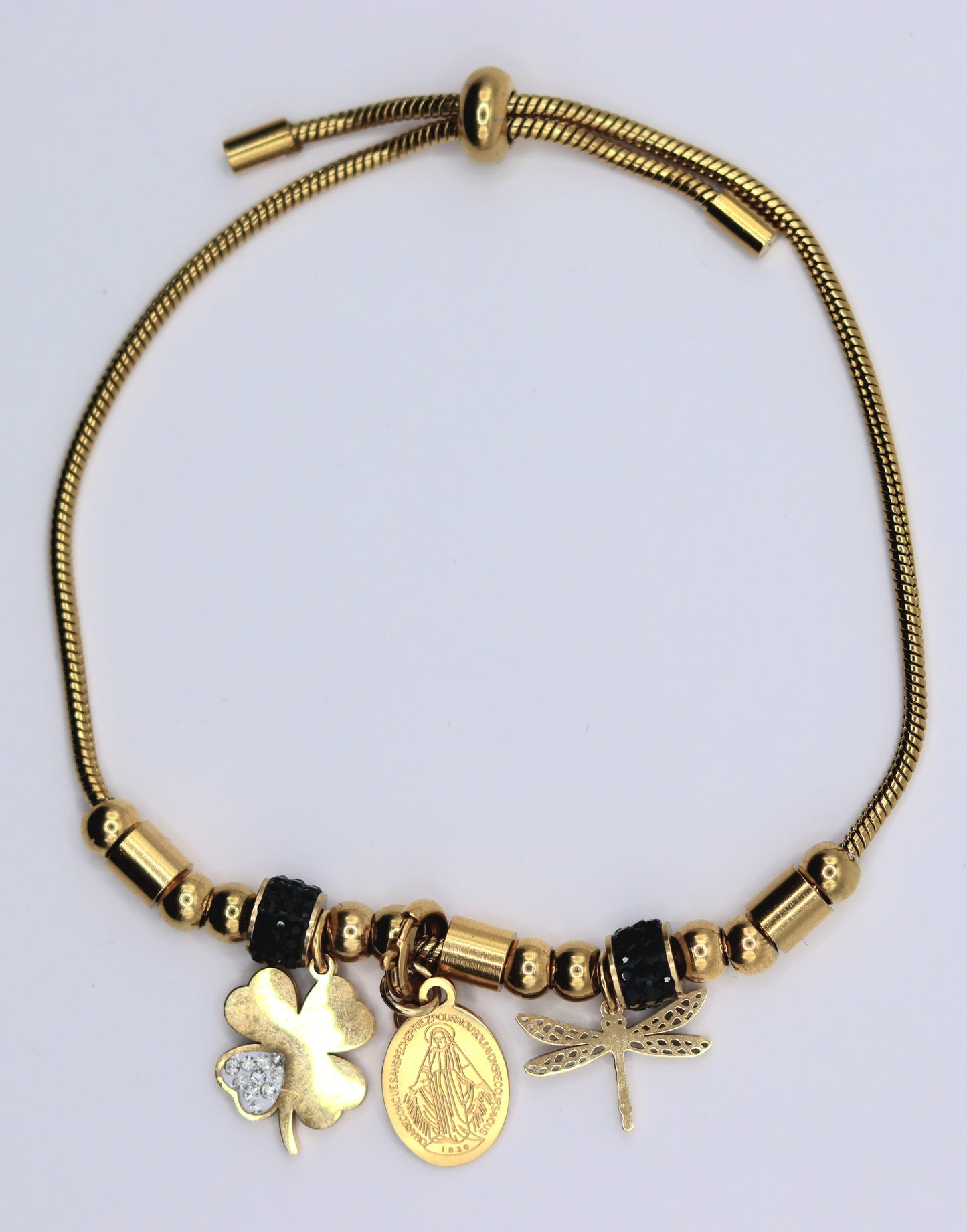 Bracelet lien coulissant motifs zircons noirs, pampilles trèfle, libellule et médaille amovible Vierge Miraculeuse