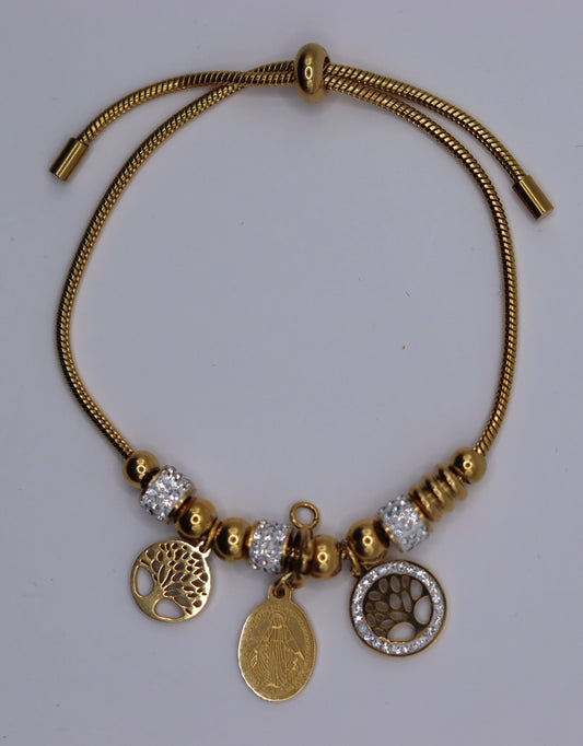 Bracelet lien coulissant motifs zircons, pampilles arbres de vie et médaille amovible Vierge Miraculeuse