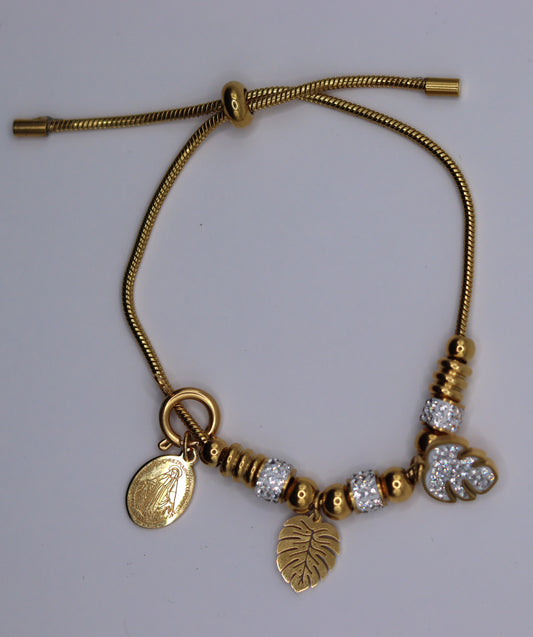 Bracelet lien coulissant motifs zircons, pampilles feuilles d'érable et médaille amovible Vierge Miraculeuse