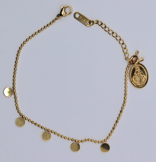 Bracelet orné de 5 pampilles motifs jetons et pendentif amovible médaille Vierge Miraculeuse