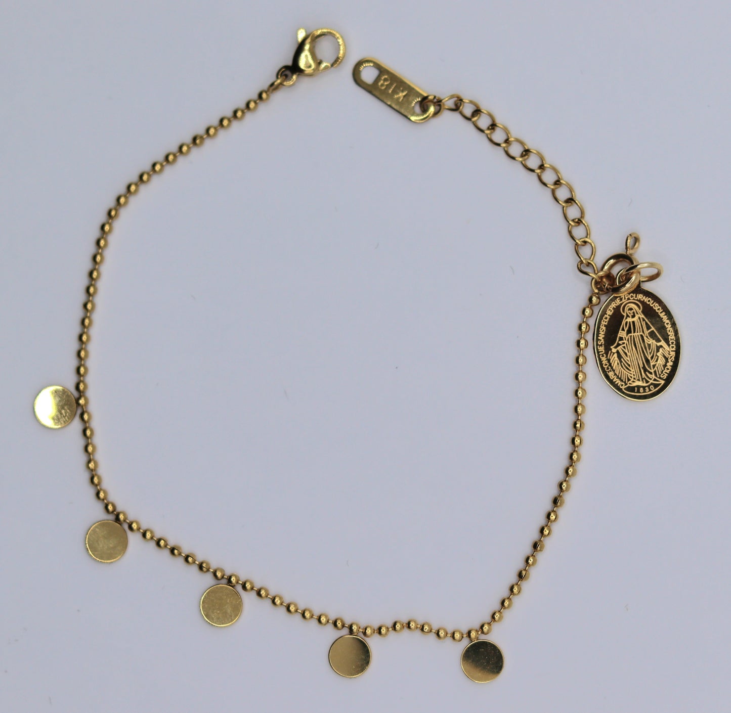 Bracelet orné de 5 pampilles motifs jetons et pendentif amovible médaille Vierge Miraculeuse