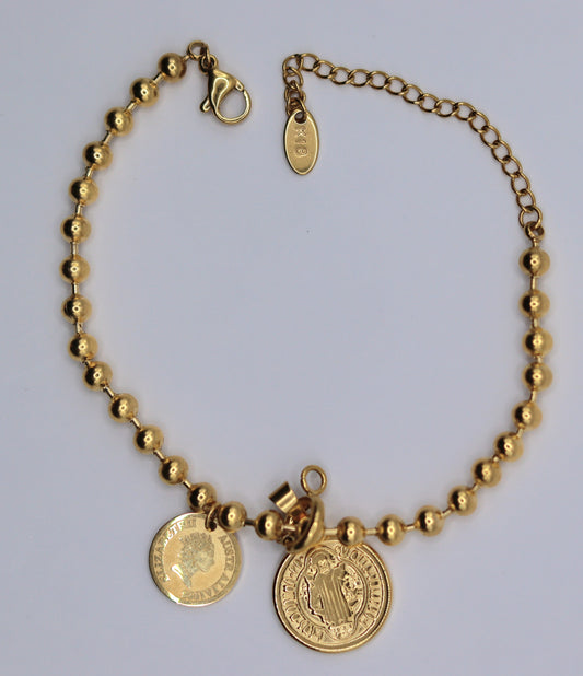 Bracelet boules pampilles jeton et médaille Saint-Benoît amovible