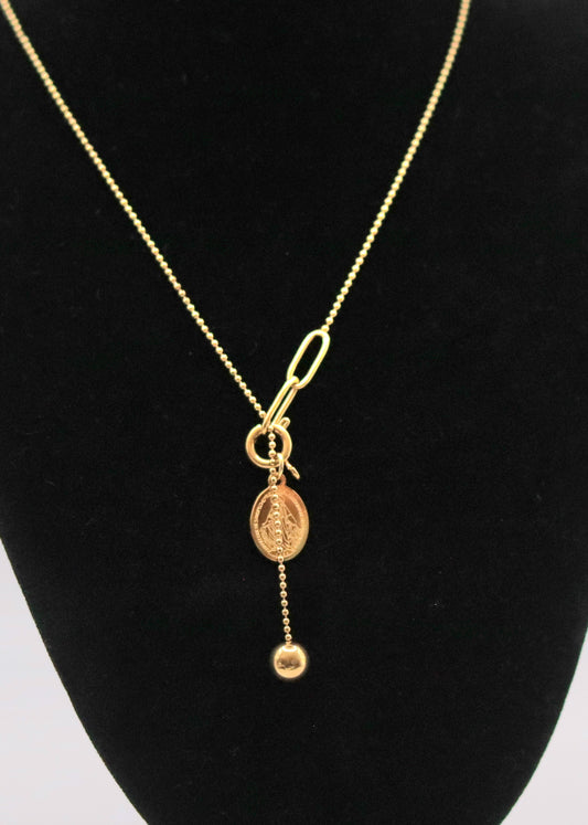 Collier en Y  terminaison perle acier doré orné d'une médaille Vierge Miraculeuse amovible