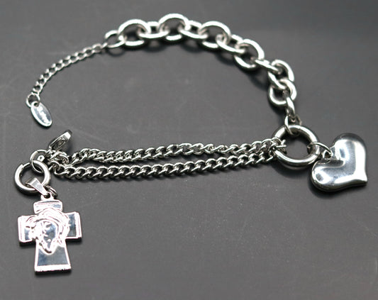 Bracelet argenté 2 mailles différentes pampilles coeur et Croix Visage Christ amovible