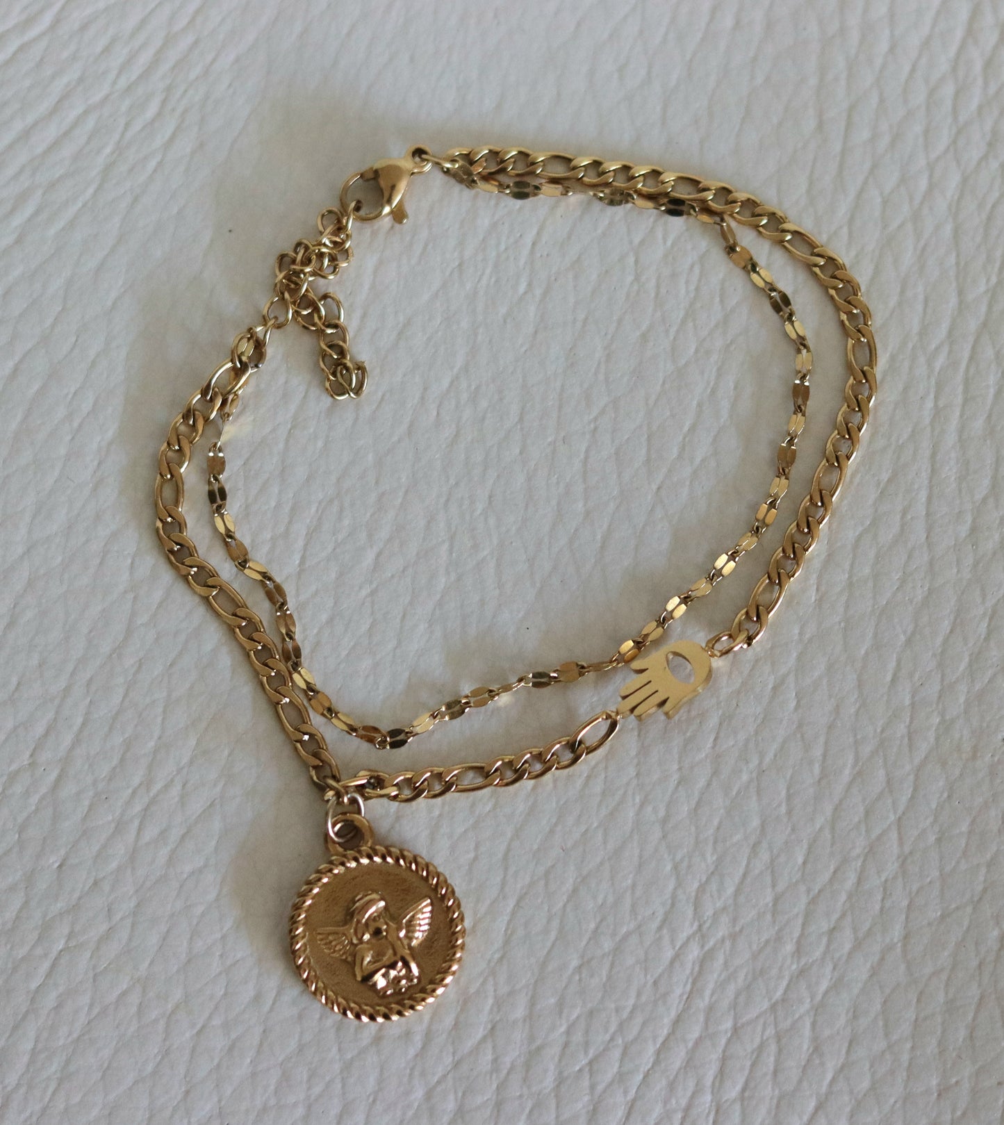 Bracelet Main de Fatima avec pendentif médaille Ange Gardien