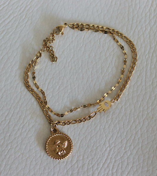 Bracelet Main de Fatima avec pendentif médaille Ange Gardien