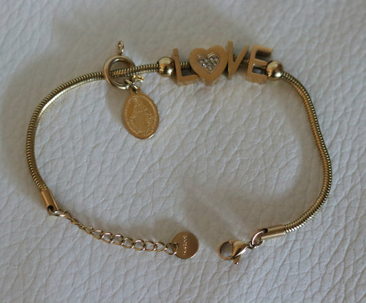 Bracelet motif "LOVE" zircons orné d'un pendentif amovible médaille Vierge Miraculeuse