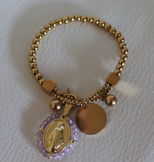 Bracelet boules pampilles diverses et médaille amovible Vierge Miraculeuse entourage perles