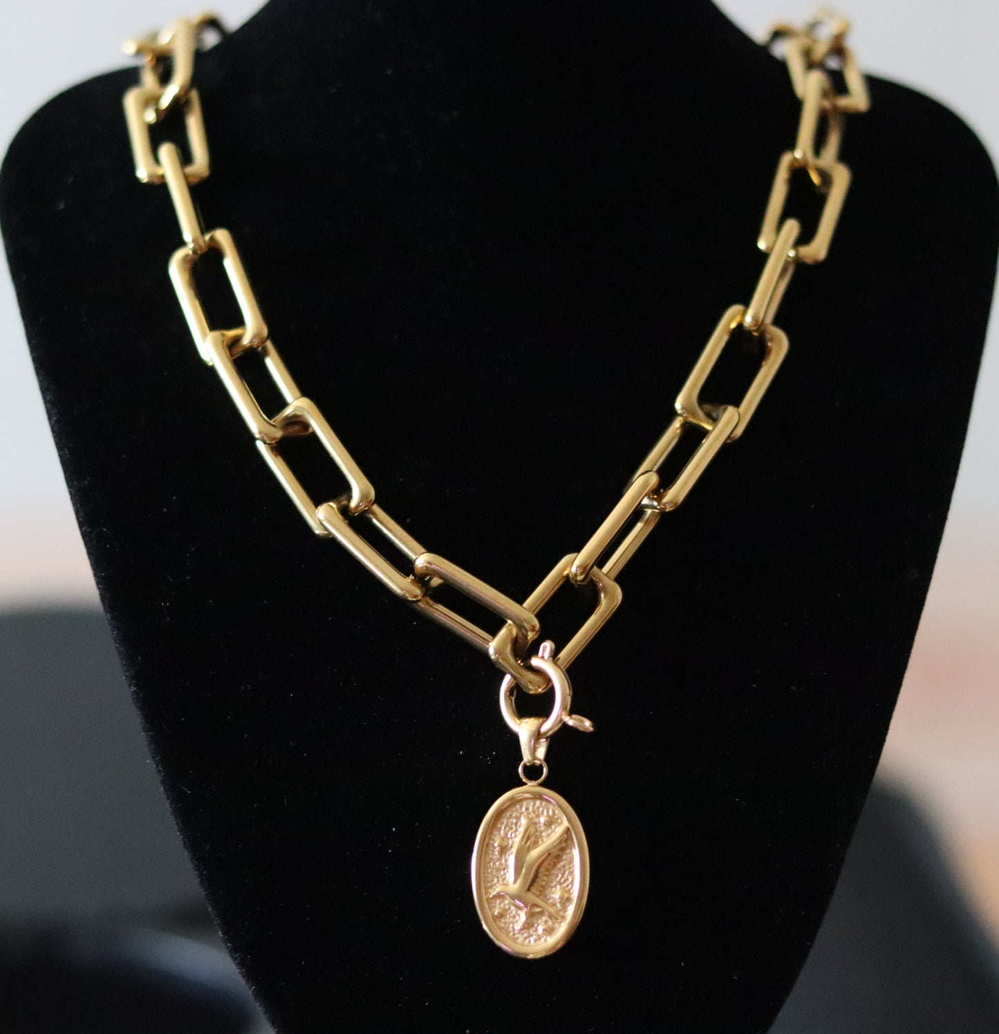 Collier doré ou argenté mailles rectangulaires avec pendentif amovible médaille Colombe