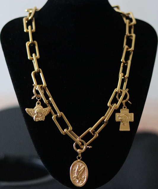 Collier mailles rectangulaires avec 3 pendentifs amovibles, Ange, Colombe et Croix