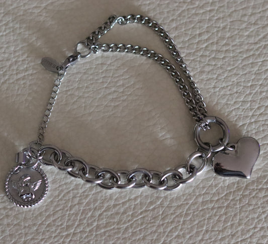 Bracelet 2 mailles différentes pampille coeur et pendentif amovible médaille Ange Gardien