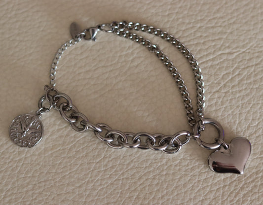 Bracelet 2 mailles différentes pampille coeur et pendentif amovible médaille Colombe Esprit-Saint