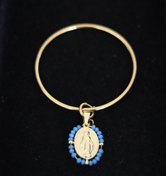 Bracelet jonc avec pendentif amovible médaille Vierge Miraculeuse entourage perles