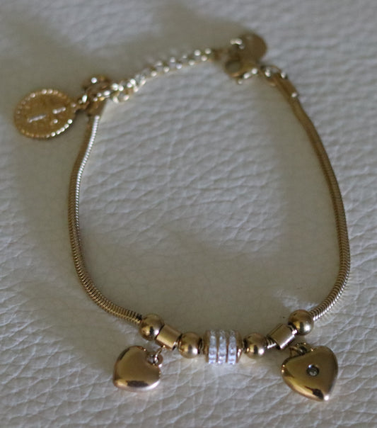 Bracelet motifs zircons pampilles 2 cœurs et médaille Croix amovible